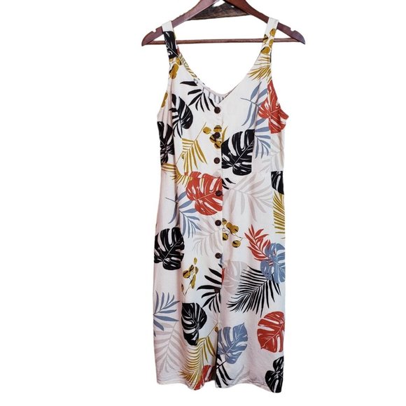 Monteau Dresses & Skirts - Monteau Linen Blend Palm Pattern Sundress Large Natural Beige Multicolor Dress